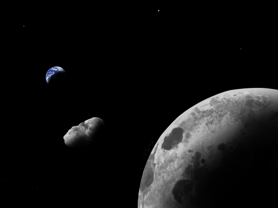 The Earth, the asteroid Kamo`oalewa and the moon