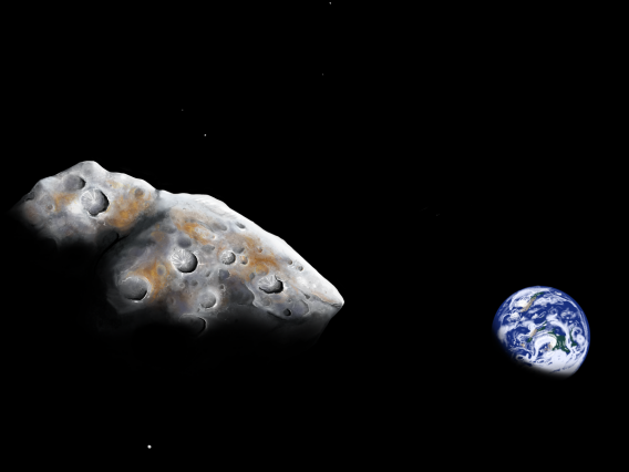 An asteroid in space with Earth in the background