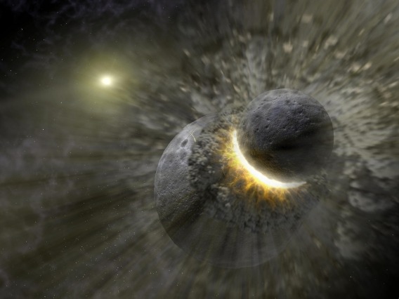 This artist concept illustrates two celestial bodies crashing into each other.