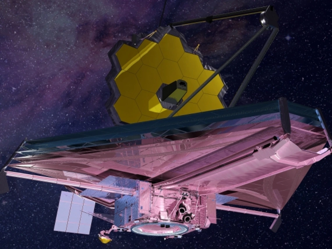 Artist&#039;s rendering of the James Webb Space Telescope observing in space