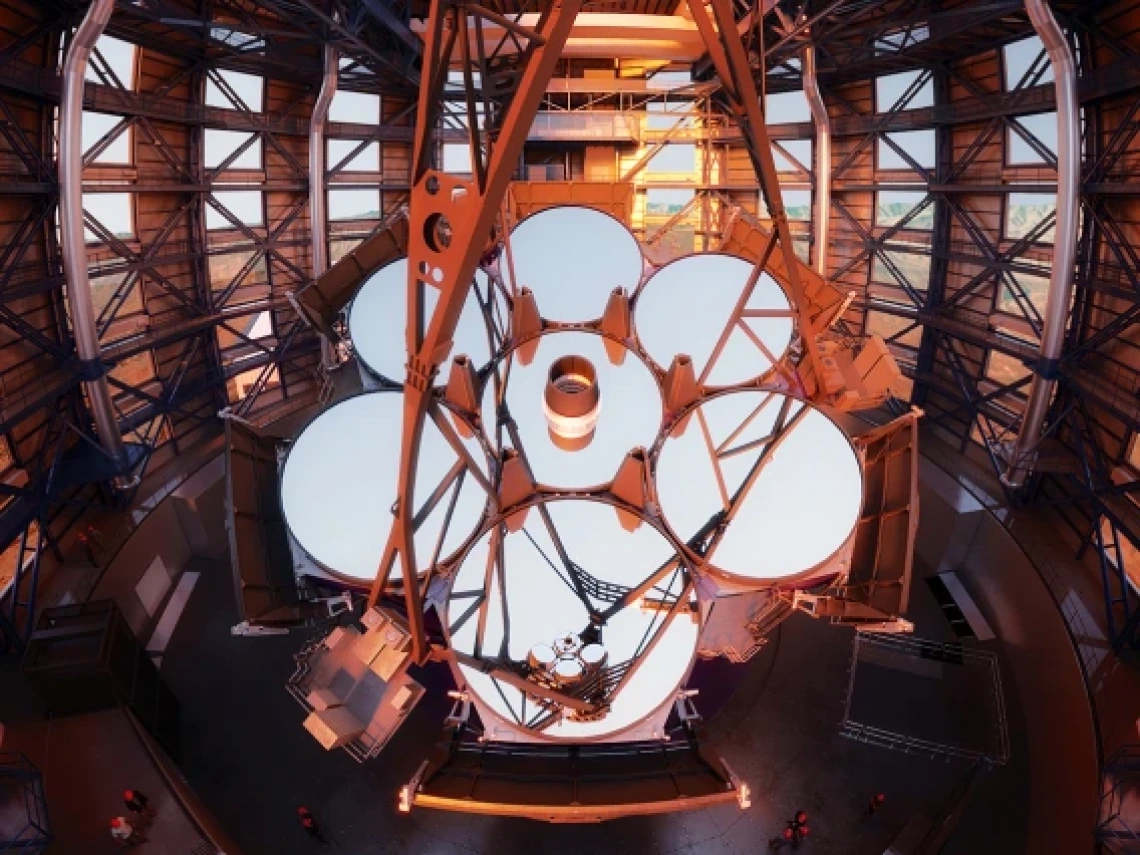 Rendering of the Giant Magellan Telescope's primary mirror, consisting of seven mirror segments arranged like petals of a flower. 