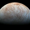 Jupiter's moon Europa is seen in this photograph. Its grey, icy surface is criss-crossed by brownish ridges and valleys. 